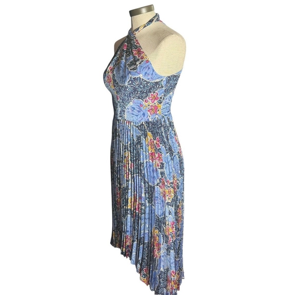 Maggy London Blue Floral Halter Pleated Handkerchief Hem Midi Dress Size 0 - Picture 2 of 8